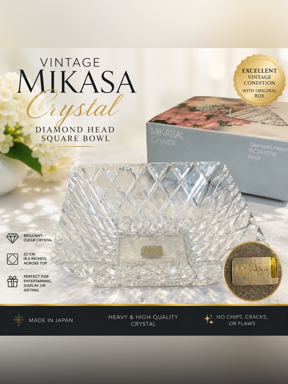 Vintage Mikasa Crystal Diamond Head Square Bowl 22cm NIB